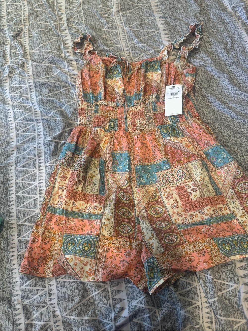 O'Neill Multicolor Paisley Smocked Romper in Coral, Teal & Cream - Picture 4 of 7